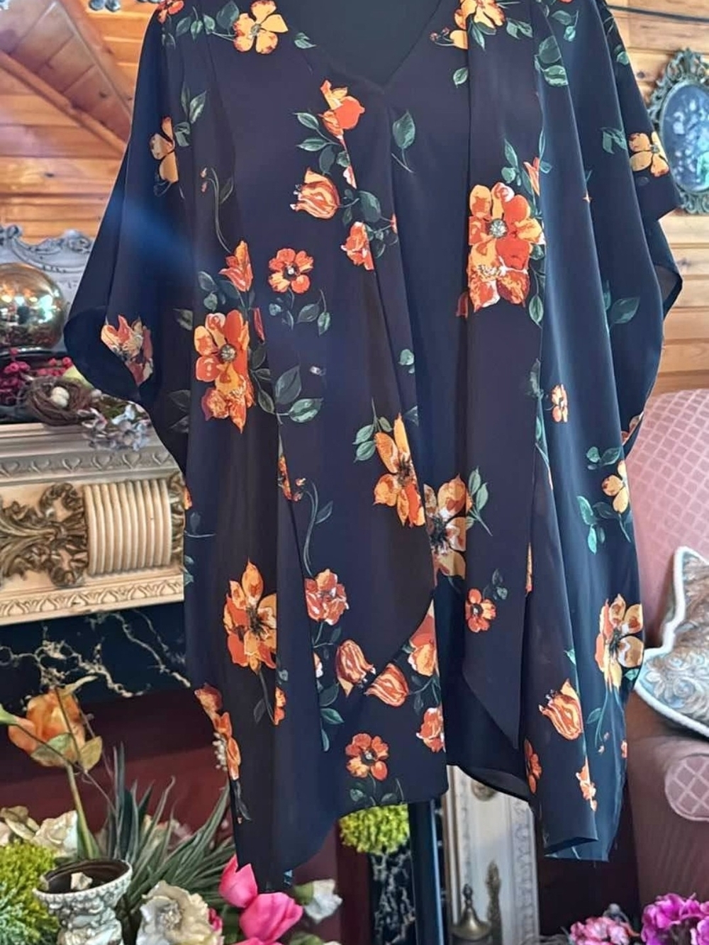 Floral V-Neck Kimono Top - Black with Orange Floral